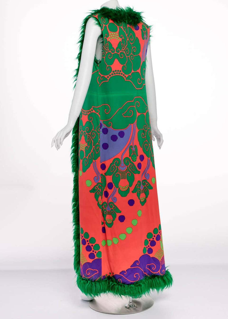 Rare 1960s Leonard Paris Printed Silk Jersey Emerald Faux Fur Duster Maxi Vest