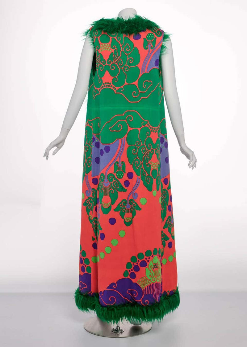 Rare 1960s Leonard Paris Printed Silk Jersey Emerald Faux Fur Duster Maxi Vest