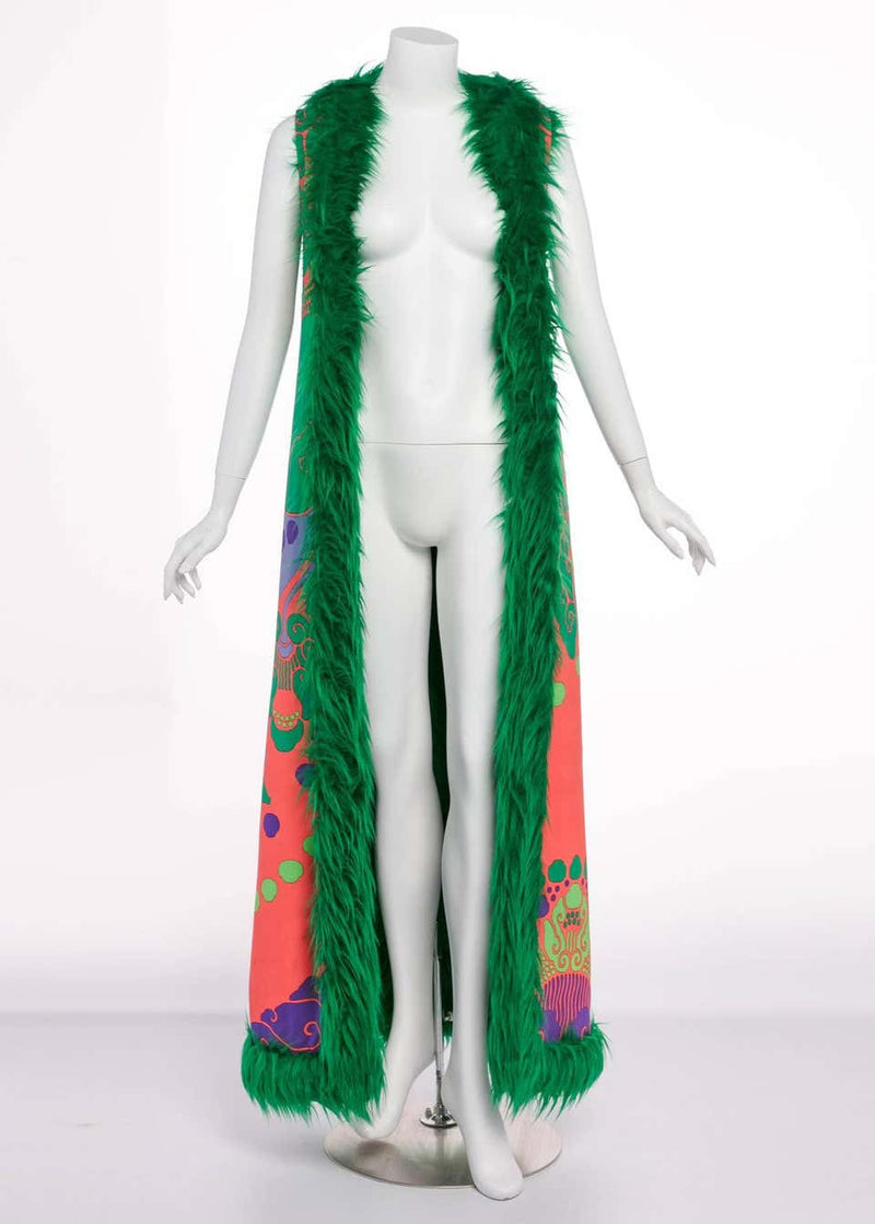 Rare 1960s Leonard Paris Printed Silk Jersey Emerald Faux Fur Duster Maxi Vest