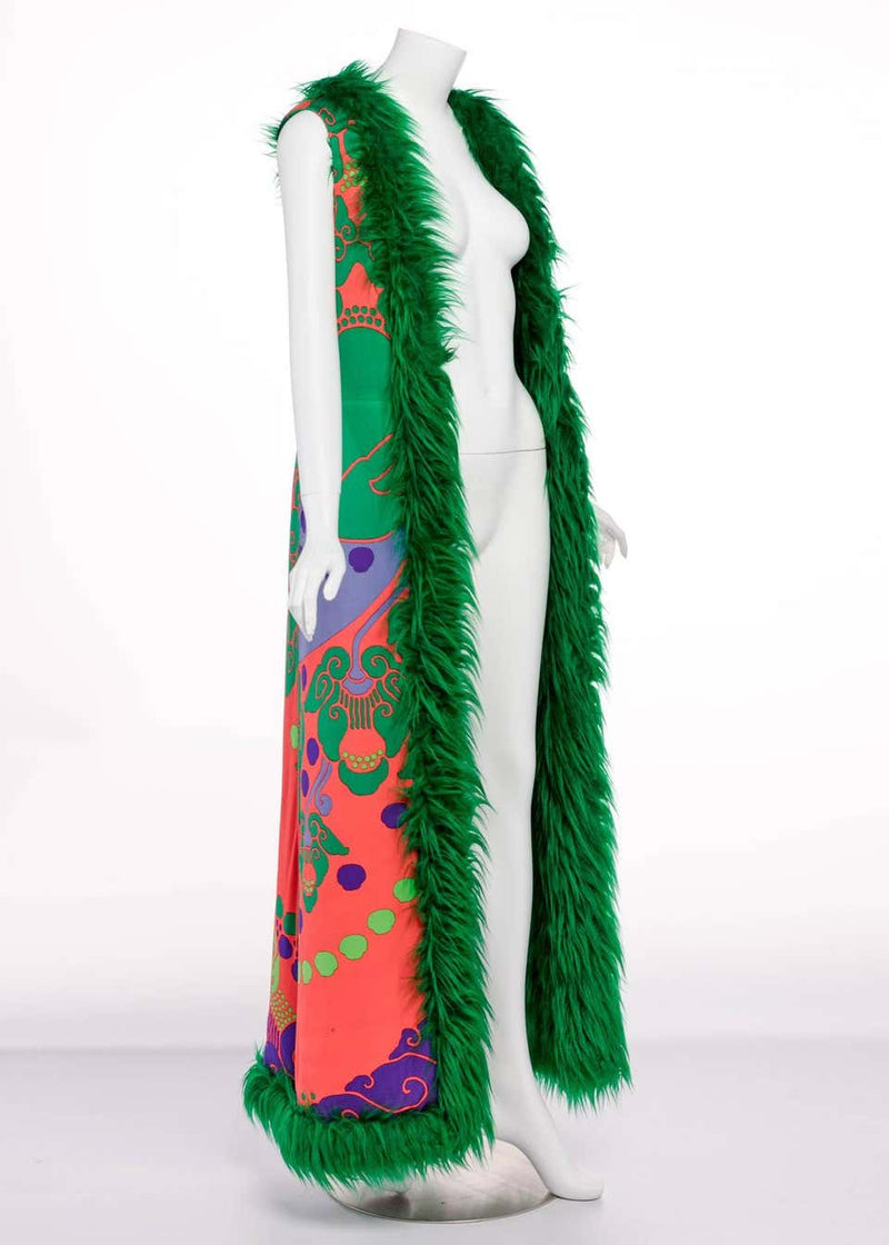 Rare 1960s Leonard Paris Printed Silk Jersey Emerald Faux Fur Duster Maxi Vest
