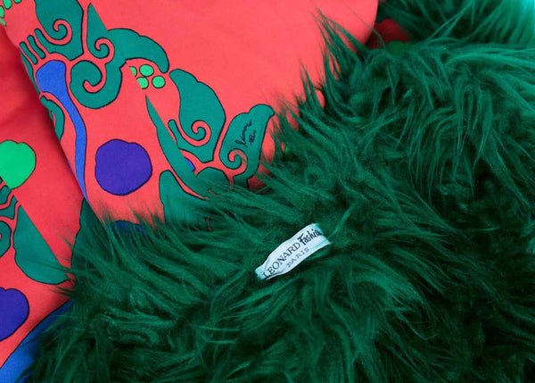 Rare 1960s Leonard Paris Printed Silk Jersey Emerald Faux Fur Duster Maxi Vest