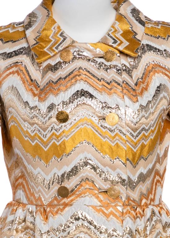 Bill Blass for Maurice Rentner Mod Metallic Zigzag Stripes Coat Dress, 1960s