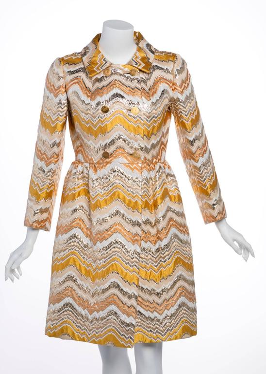 Bill Blass for Maurice Rentner Mod Metallic Zigzag Stripes Coat Dress, 1960s