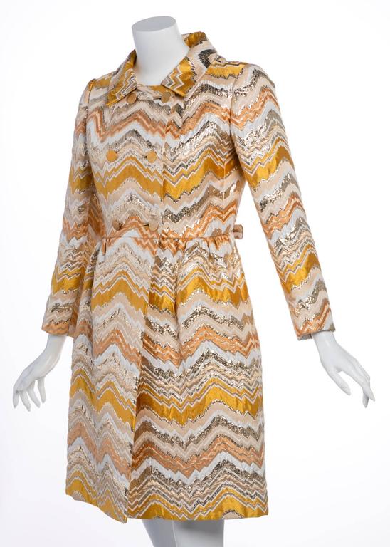 Bill Blass for Maurice Rentner Mod Metallic Zigzag Stripes Coat Dress, 1960s