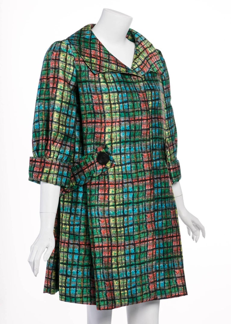 James Galanos Couture Emerald Colorful Print Side Pleat Coat, 1970s