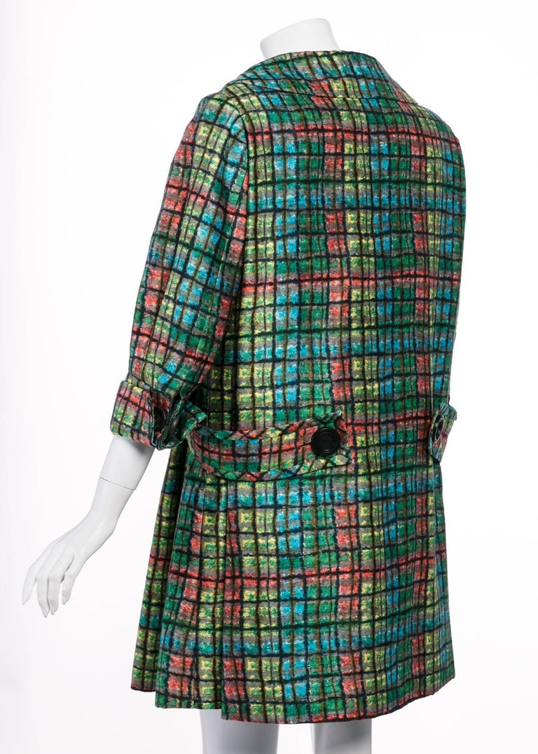 James Galanos Couture Emerald Colorful Print Side Pleat Coat, 1970s
