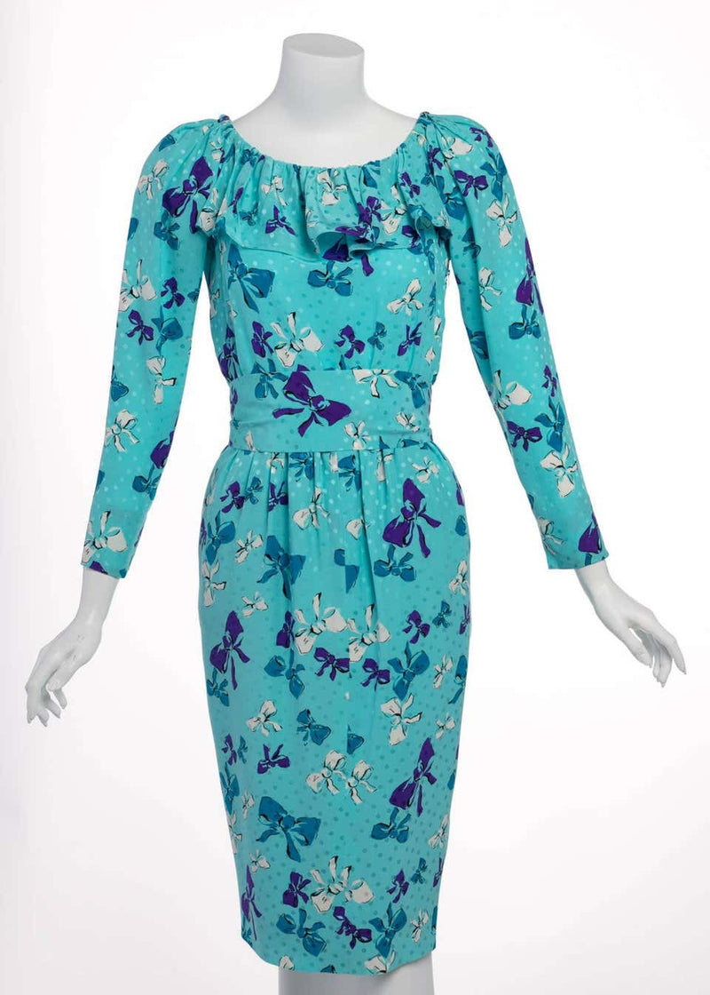 Vintage Yves Saint Laurent Polka Dot and Bows Ruffle Collar Silk Dress YSL