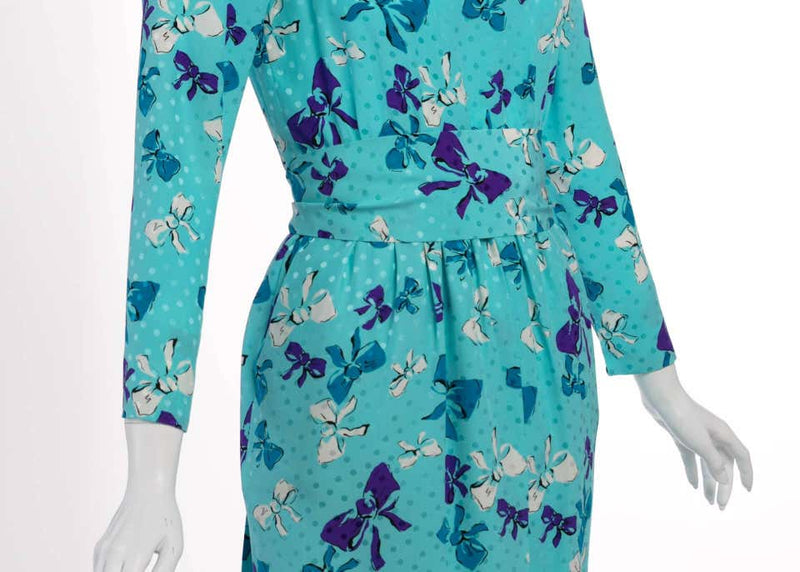Vintage Yves Saint Laurent Polka Dot and Bows Ruffle Collar Silk Dress YSL