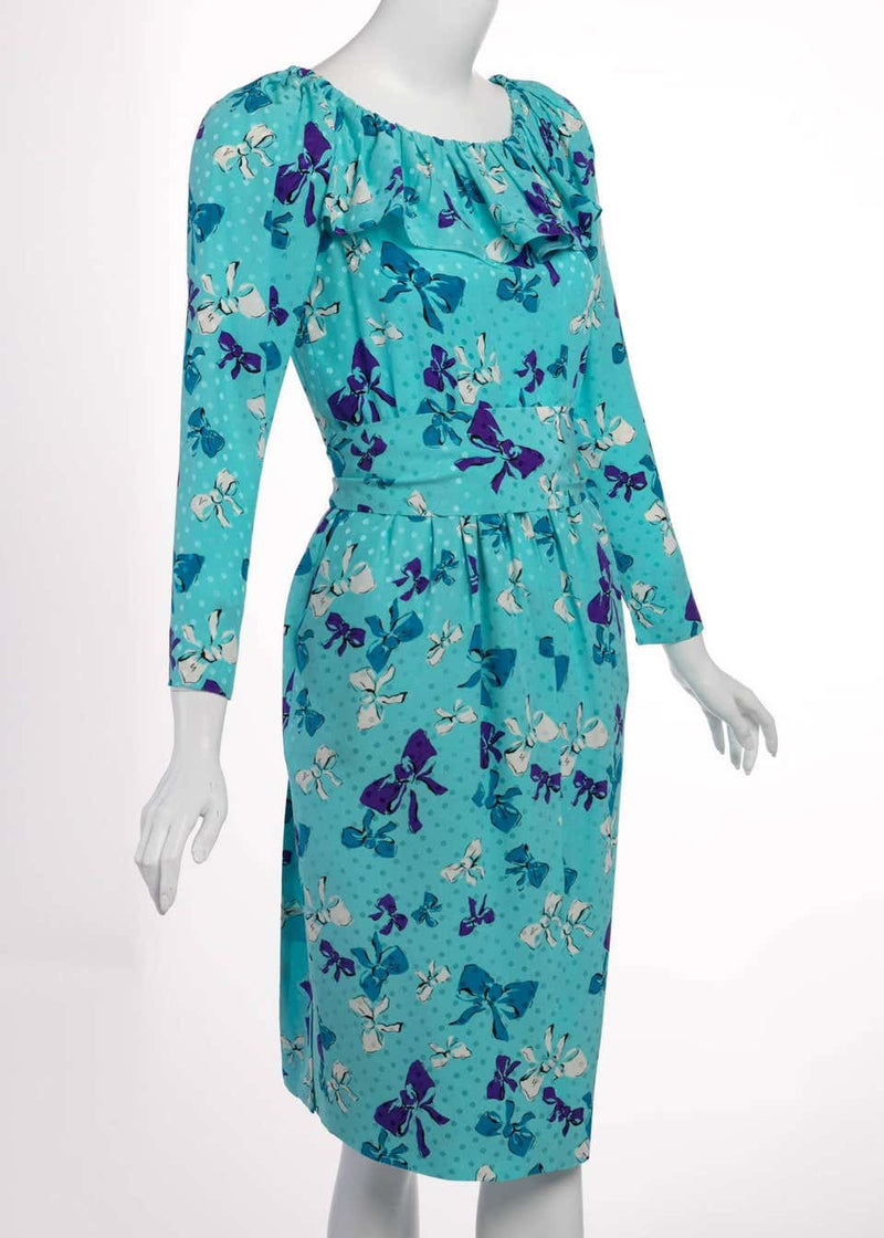 Vintage Yves Saint Laurent Polka Dot and Bows Ruffle Collar Silk Dress YSL