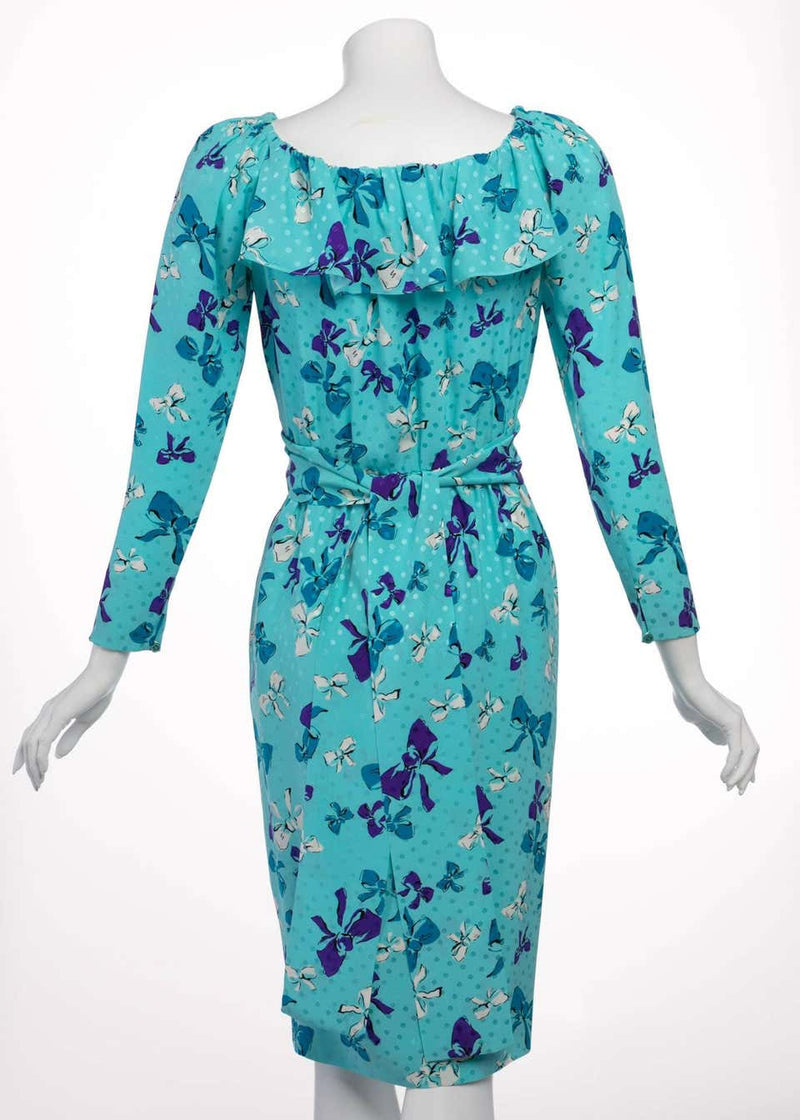 Vintage Yves Saint Laurent Polka Dot and Bows Ruffle Collar Silk Dress YSL