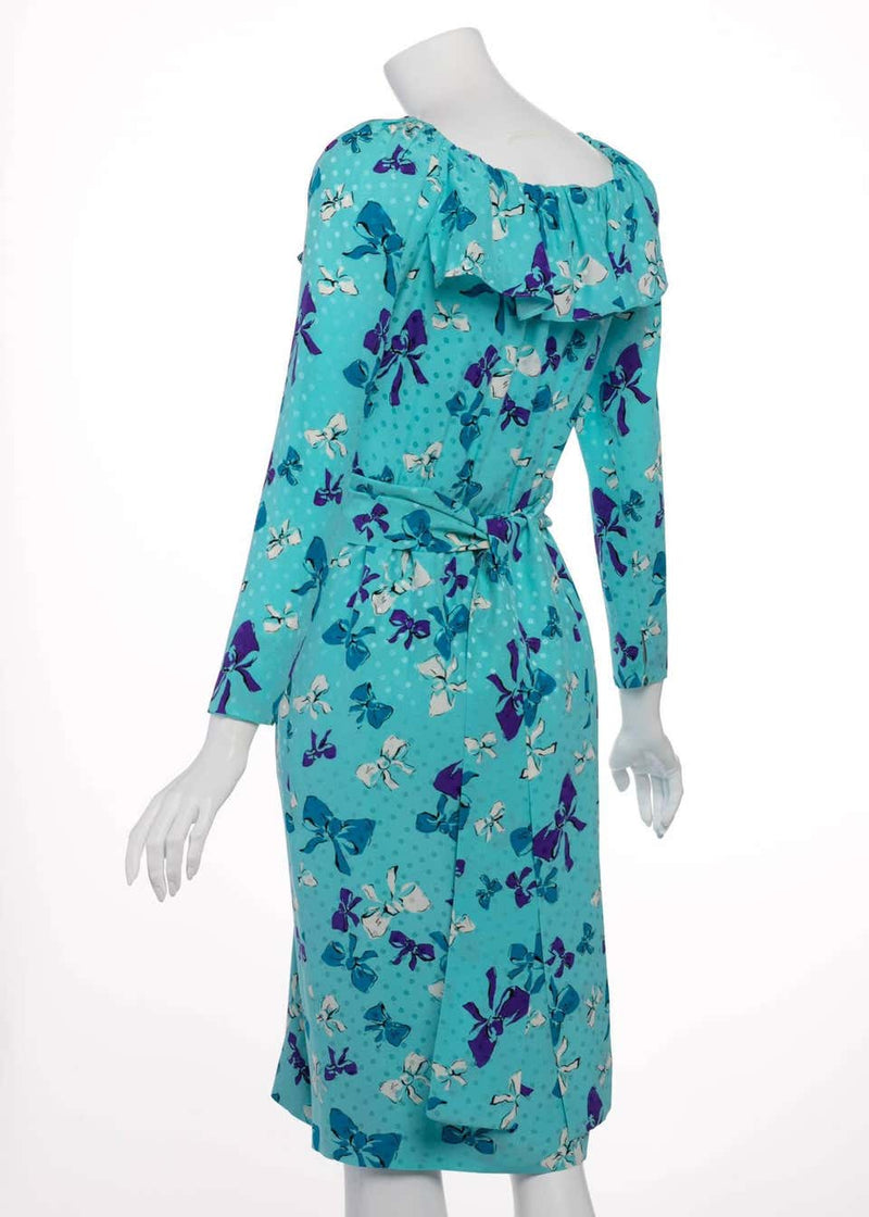 Vintage Yves Saint Laurent Polka Dot and Bows Ruffle Collar Silk Dress YSL