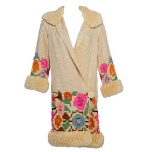 French Art Deco Couture Ivory Wool and Silk Floral Flapper Coat, 1920s