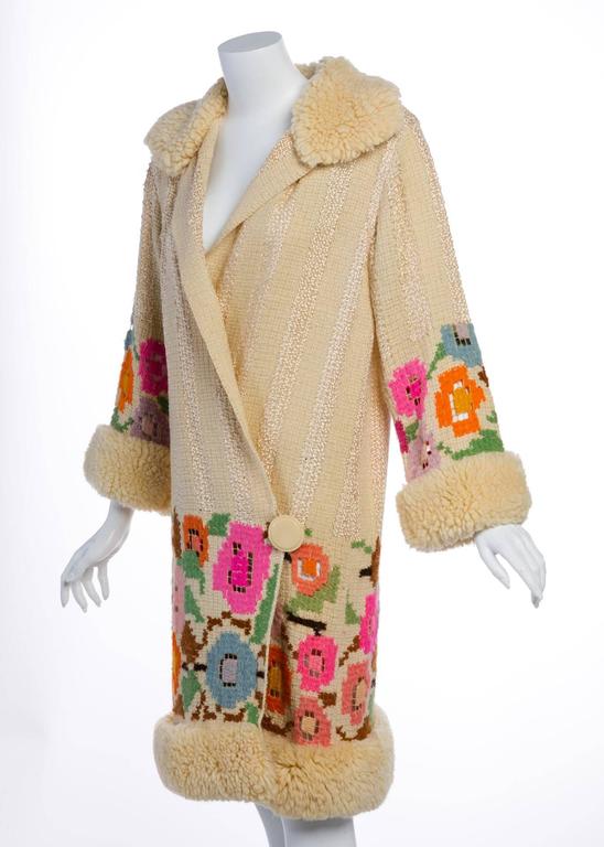 French Art Deco Couture Ivory Wool and Silk Floral Flapper Coat, 1920s