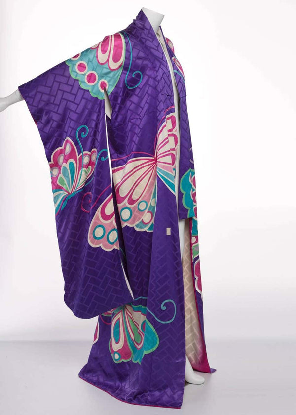 Hanae Mori Couture Att Vintage Purple Silk Butterfly Kimono, 1980s