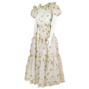 Bill Blass Floral Print Silk Organza Ruffled Party Dress Gown, 1970s