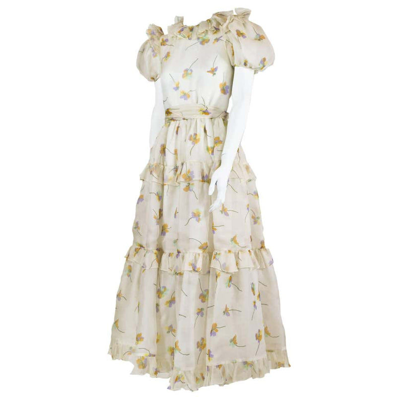 Bill Blass Floral Print Silk Organza Ruffled Party Dress Gown, 1970s