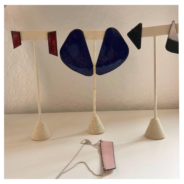 Michel McNabb for Basha Gold Black and White Enamel Triangle Earrings