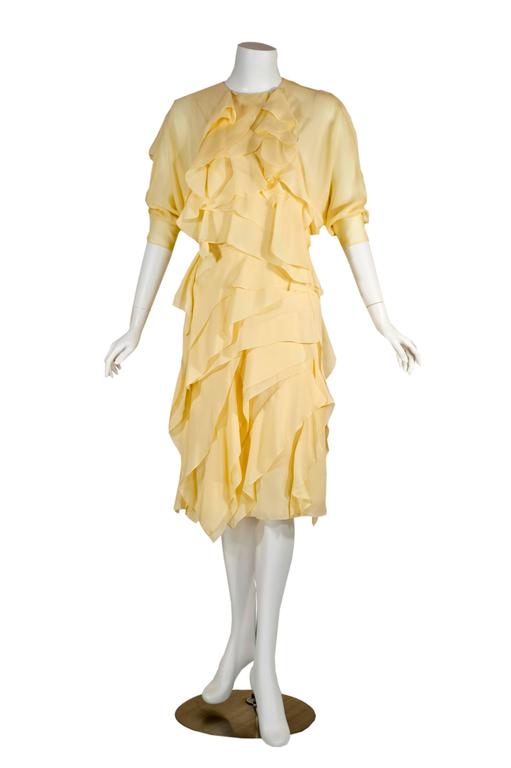 Chloé Runway Pastel Yellow Ruffled Layered Silk Chiffon Dolman Dress, Fall 2014