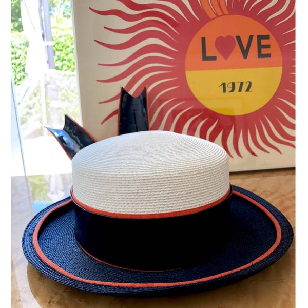 1960s Yves Saint Laurent Ivory and Navy Derby Hat Patent Leather Orange Hatband