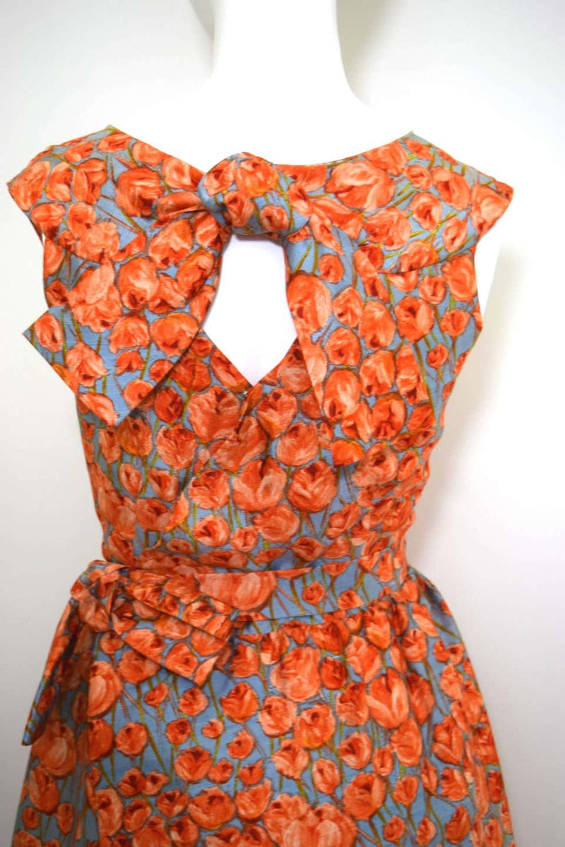 1950s Hattie Carnegie bow detail & floral print silk dress