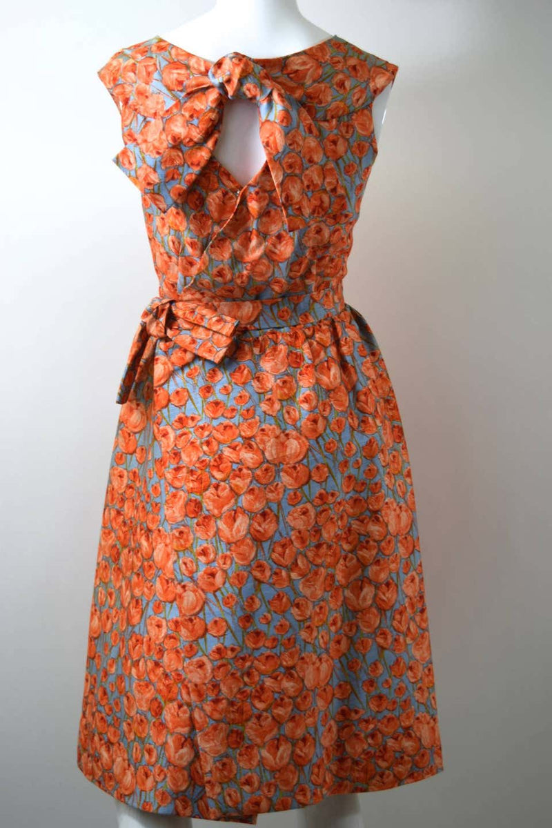 1950s Hattie Carnegie bow detail & floral print silk dress