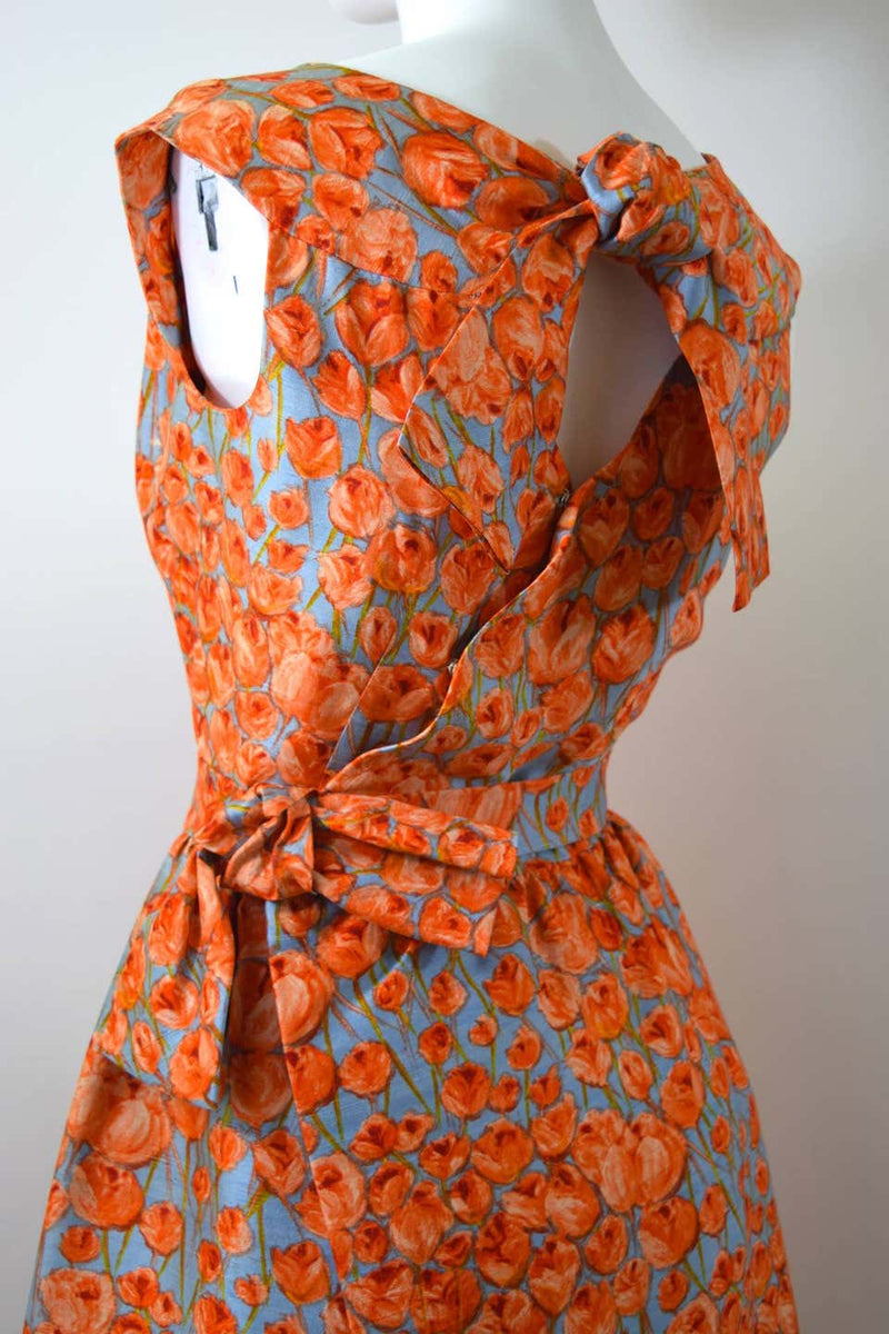 1950s Hattie Carnegie bow detail & floral print silk dress