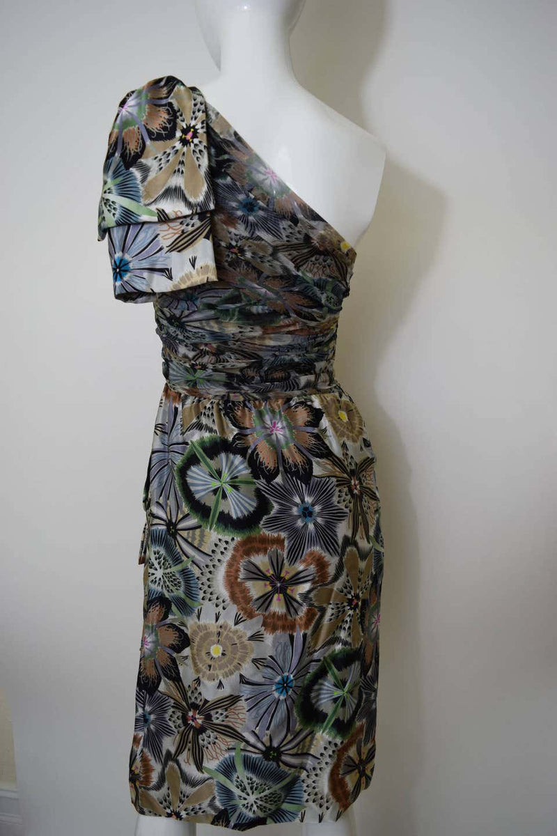 Missoni Floral Print Silk Ruched Bodice Dress with Bow Shoulder Detail