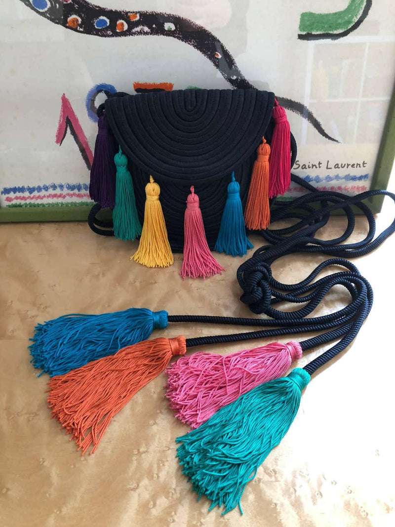 1990s Yves Saint Laurent Black Passementerie Tassel Shoulder Belt Bag YSL