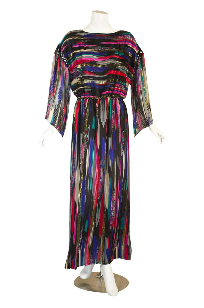 Vintage Hanae Mori Colorful Metallic Silk Chiffon Kimono Sleeve Dress with Tags