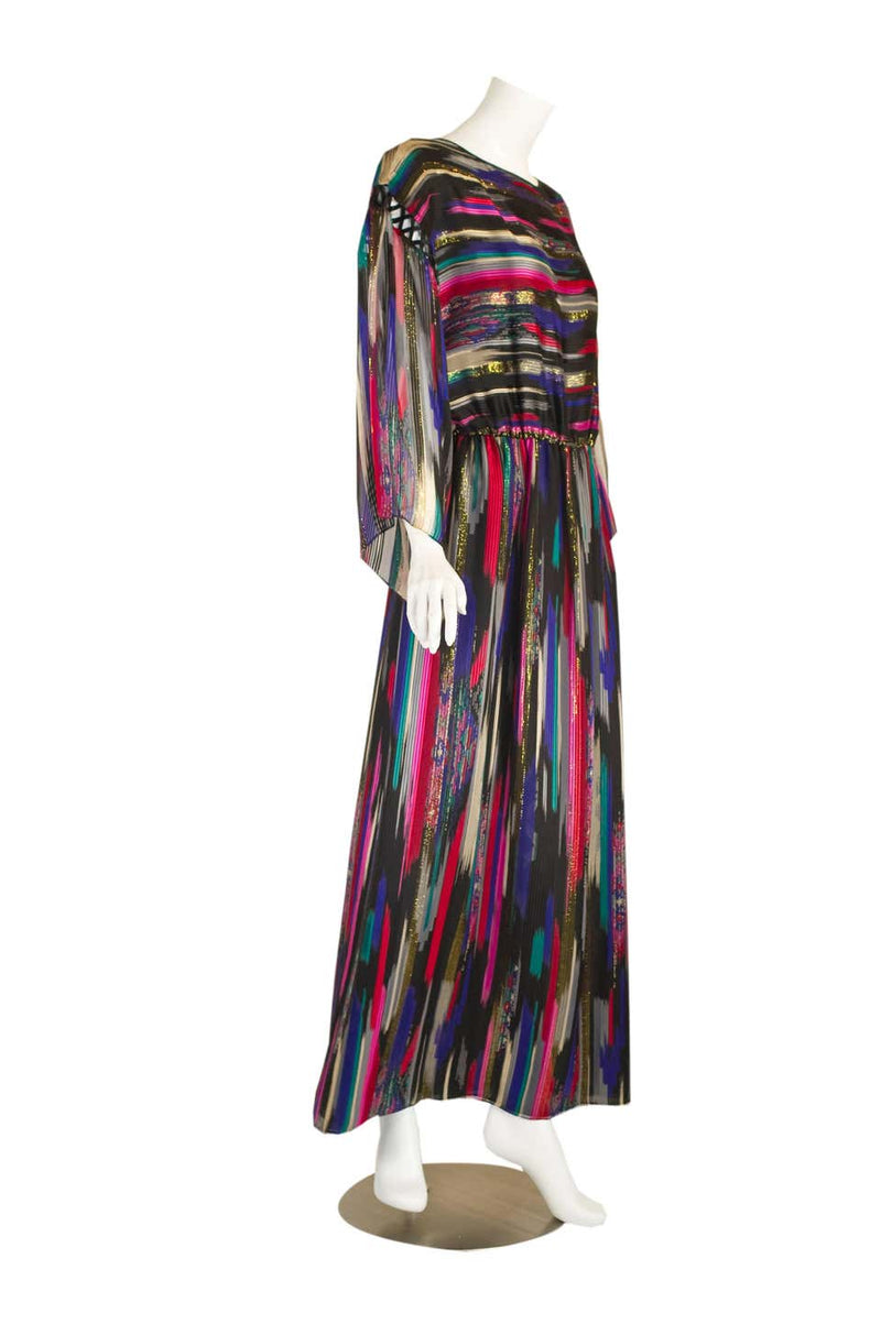 Vintage Hanae Mori Colorful Metallic Silk Chiffon Kimono Sleeve Dress with Tags
