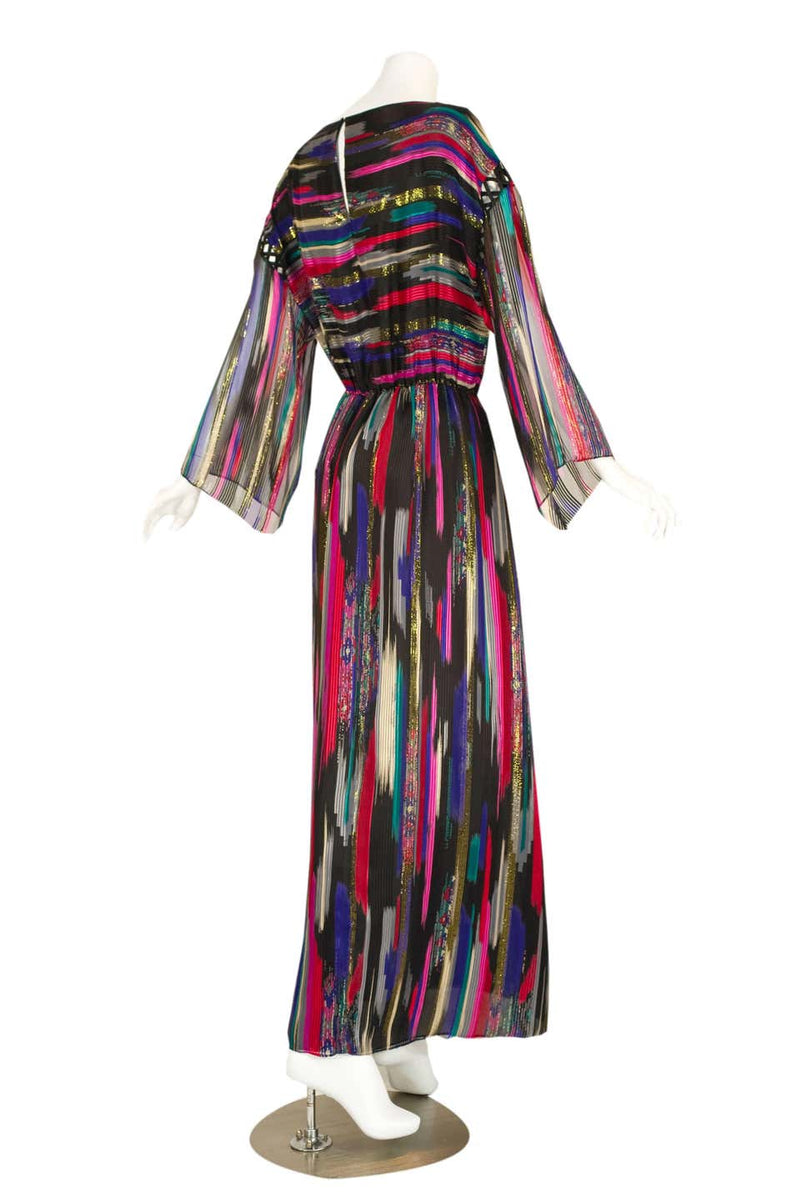 Vintage Hanae Mori Colorful Metallic Silk Chiffon Kimono Sleeve Dress with Tags