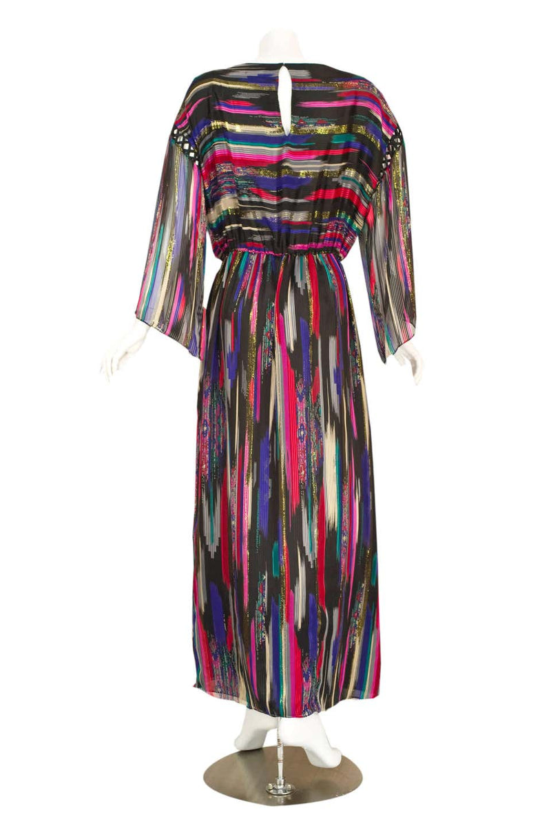 Vintage Hanae Mori Colorful Metallic Silk Chiffon Kimono Sleeve Dress with Tags
