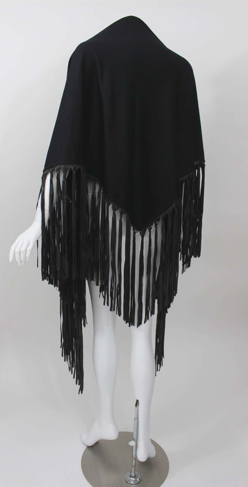 Hermès attributed Black Cashmere & Leather Fringe Shawl