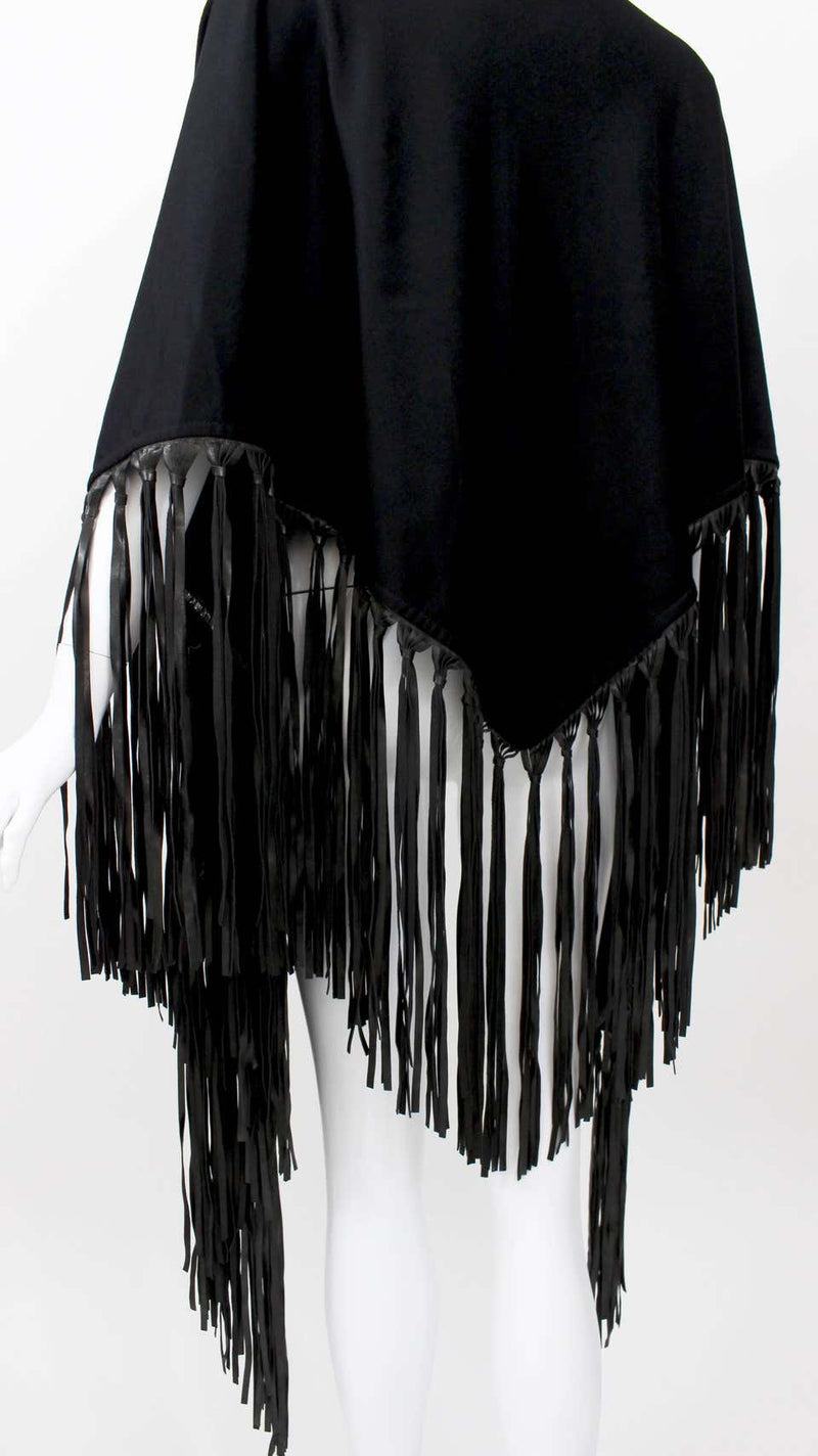 Hermès attributed Black Cashmere & Leather Fringe Shawl