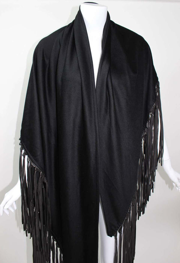 Hermès attributed Black Cashmere & Leather Fringe Shawl