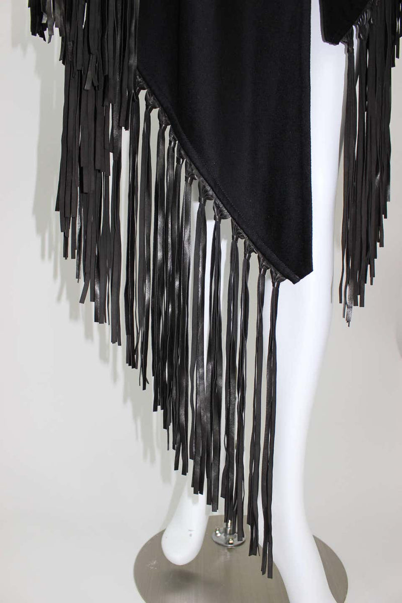 Hermès attributed Black Cashmere & Leather Fringe Shawl