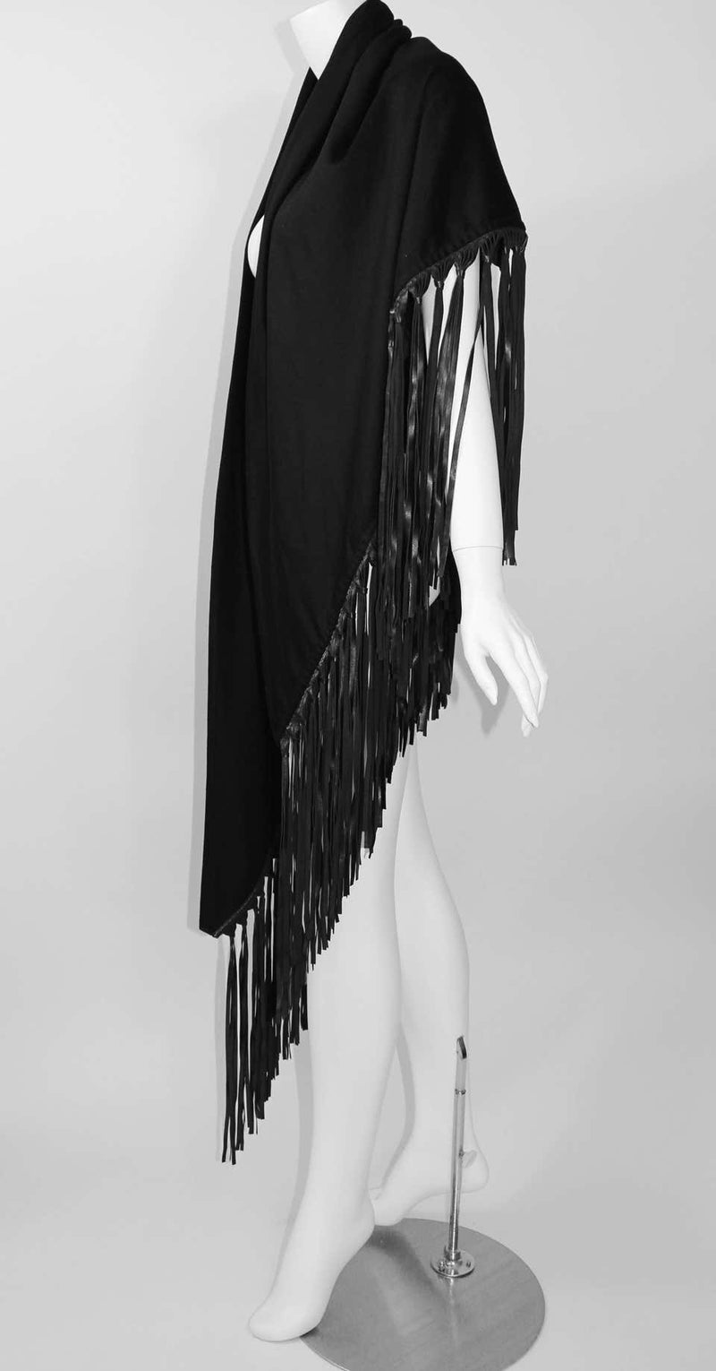 Hermès attributed Black Cashmere & Leather Fringe Shawl