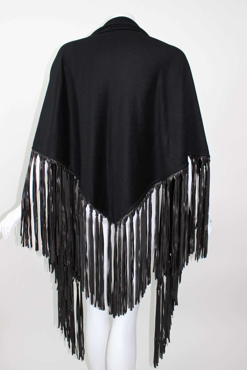 Hermès attributed Black Cashmere & Leather Fringe Shawl