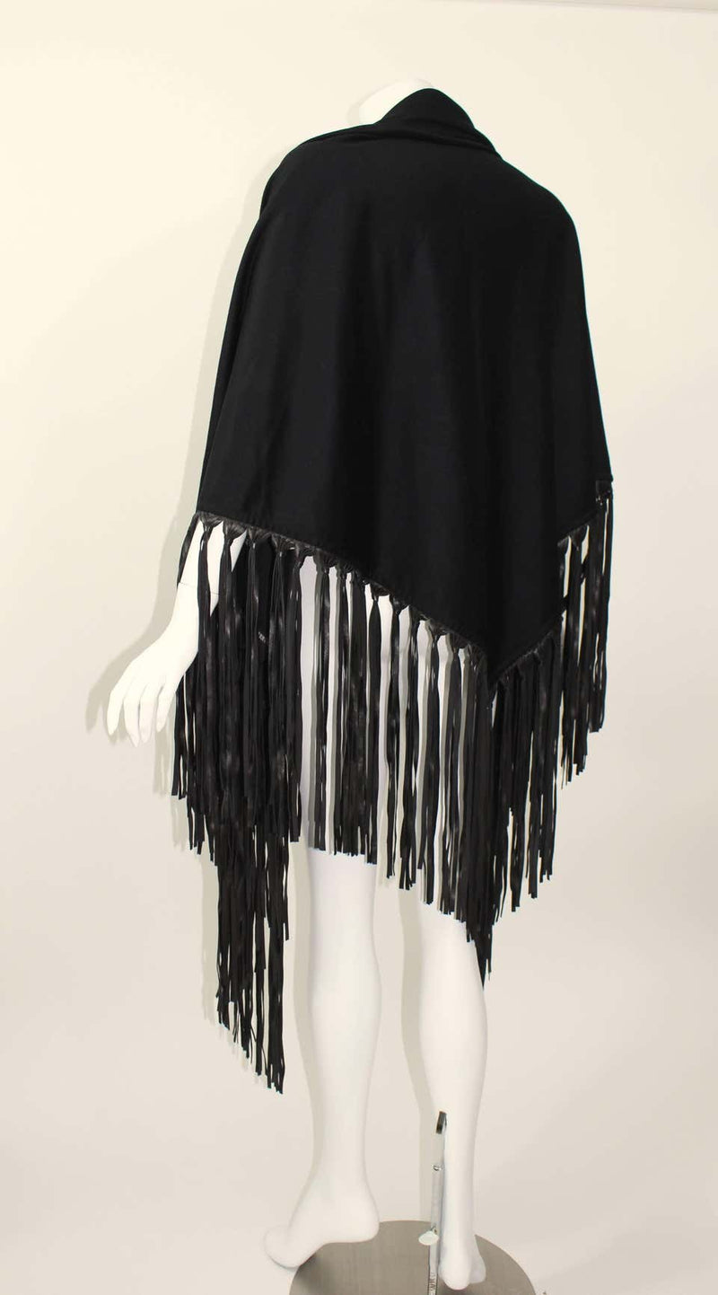 Hermès attributed Black Cashmere & Leather Fringe Shawl