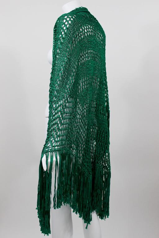 Emerald Green Crochet Fringe Shawl, 1930s
