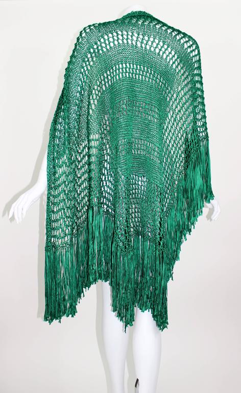 Emerald Green Crochet Fringe Shawl, 1930s