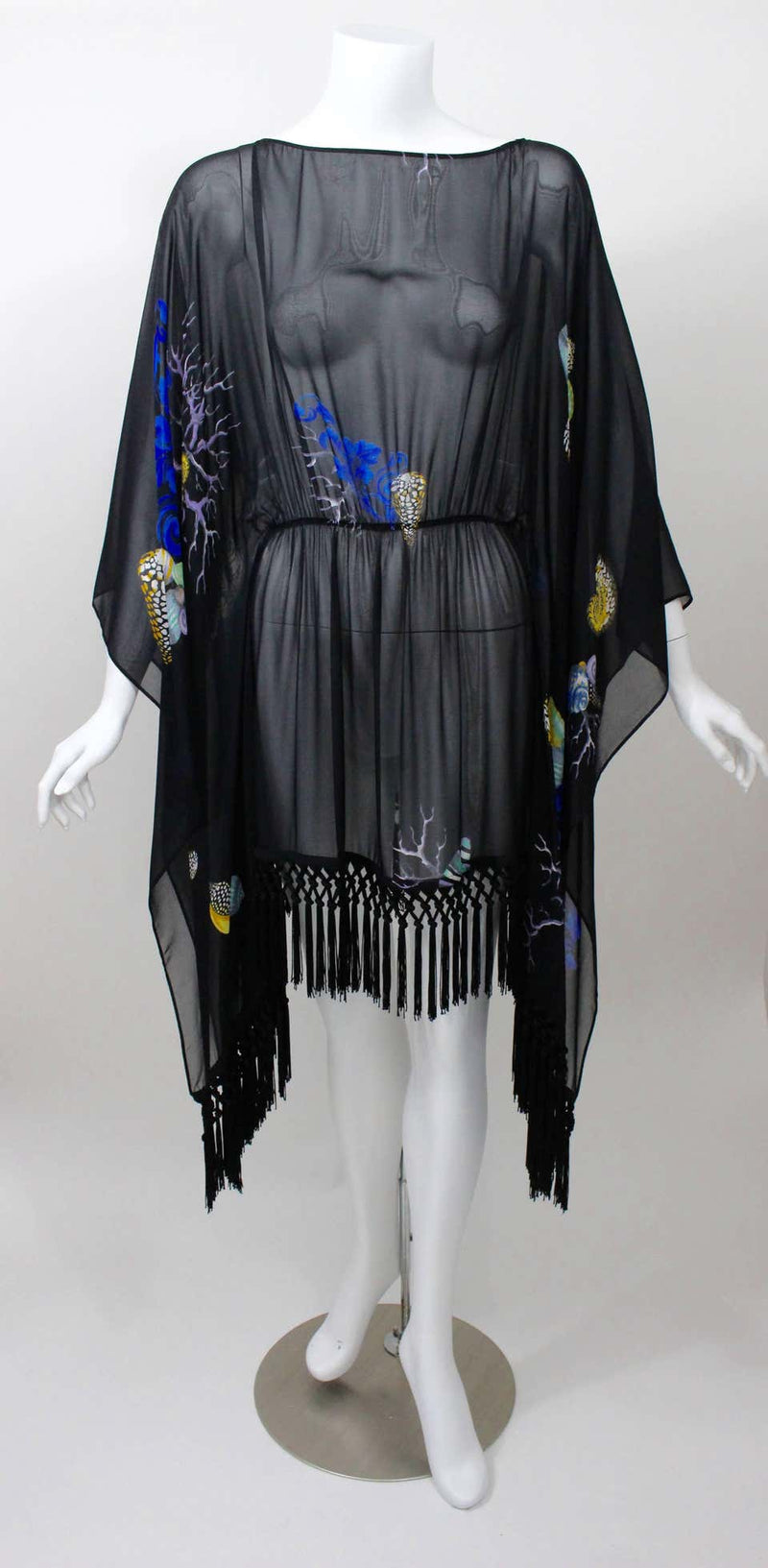 Versace Black Silk Sheer Fringe Caftan Top with Sea Shell Print
