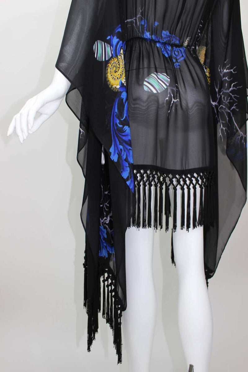 Versace Black Silk Sheer Fringe Caftan Top with Sea Shell Print