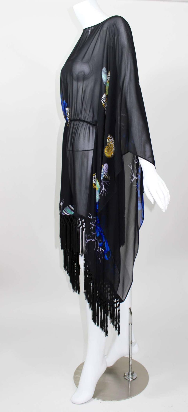 Versace Black Silk Sheer Fringe Caftan Top with Sea Shell Print