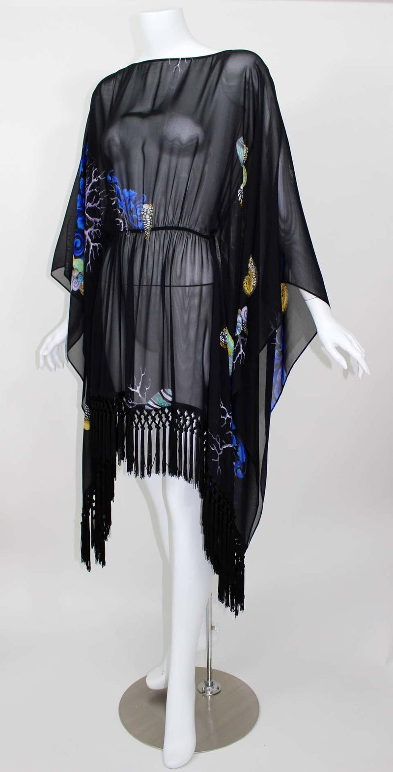 Versace Black Silk Sheer Fringe Caftan Top with Sea Shell Print