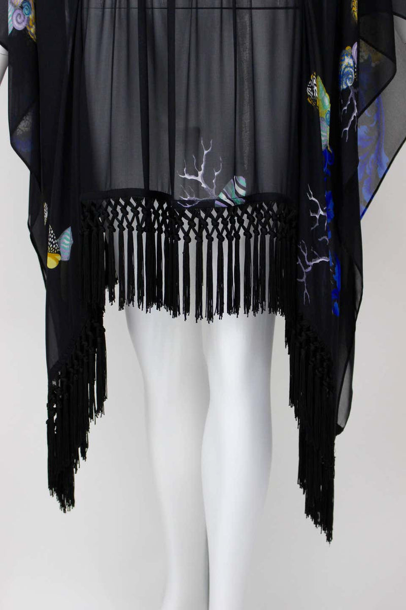 Versace Black Silk Sheer Fringe Caftan Top with Sea Shell Print