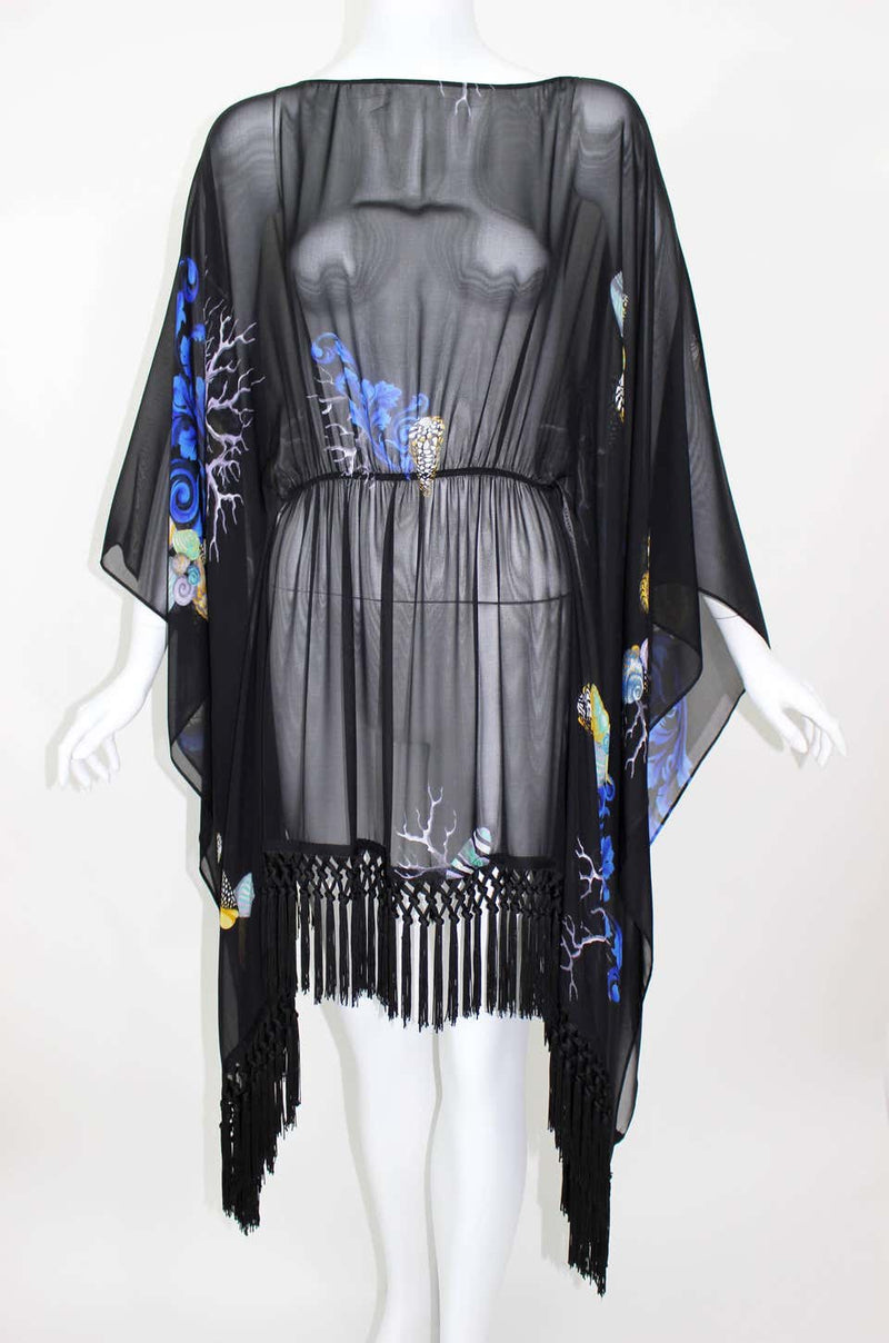 Versace Black Silk Sheer Fringe Caftan Top with Sea Shell Print