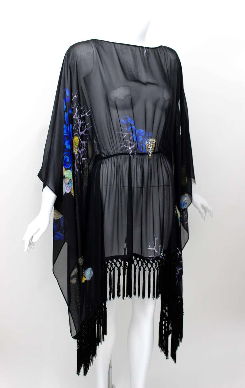 Versace Black Silk Sheer Fringe Caftan Top with Sea Shell Print