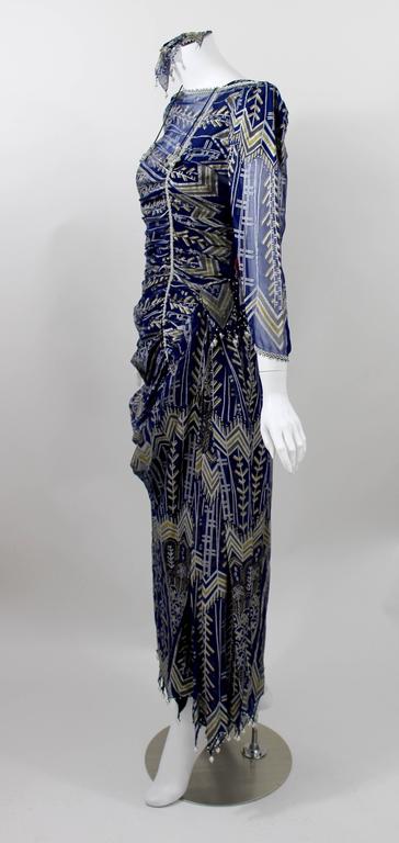 Vintage Zandra Rhodes Hand Painted Silk Dress, Pearl trimmed Slip & Headpiece
