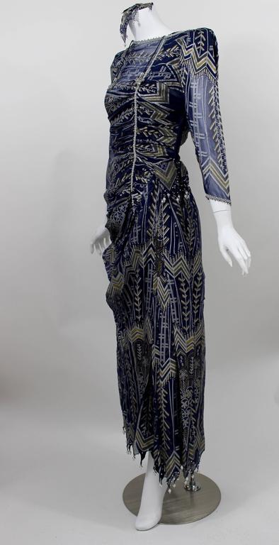 Vintage Zandra Rhodes Hand Painted Silk Dress, Pearl trimmed Slip & Headpiece